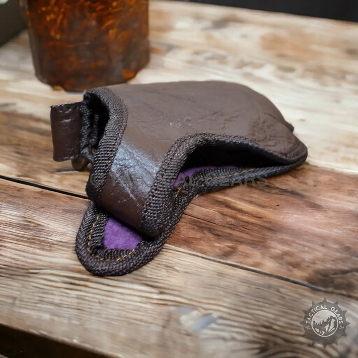 Brown leather-like mag pouch with black border and purple interior lining for Leather Holster