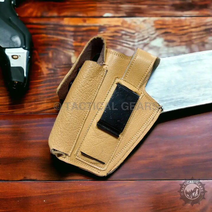 Tan leather multi-compartment belt holster with mag pouch for firearm enthusiasts