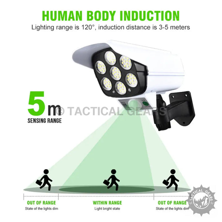 White solar-powered security light with LED fake camera and 5-meter sensing range