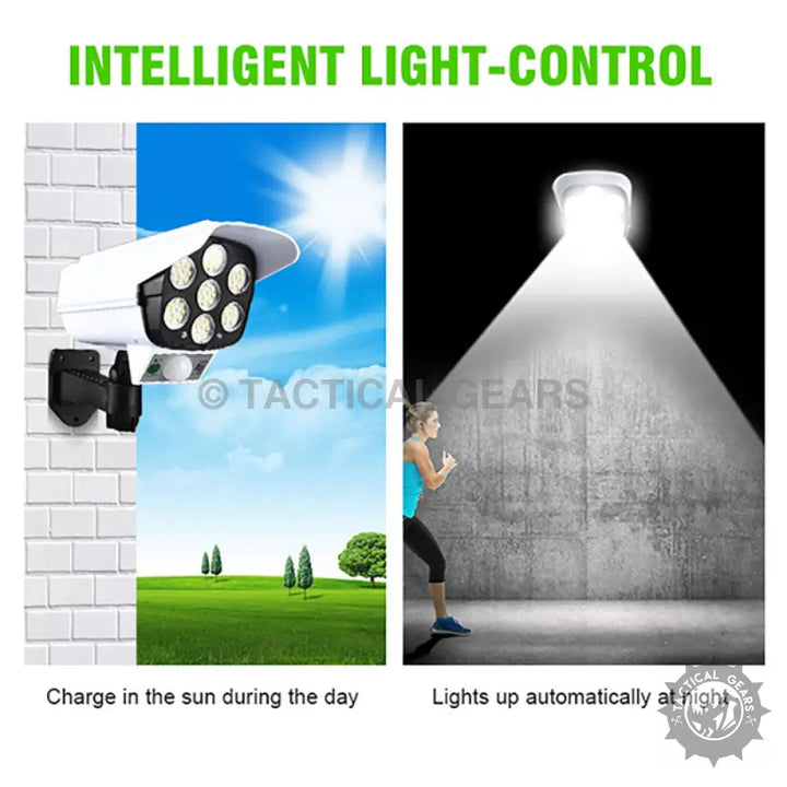 Solar-powered outdoor security light with LED fake camera and motion sensor featuring solar panel