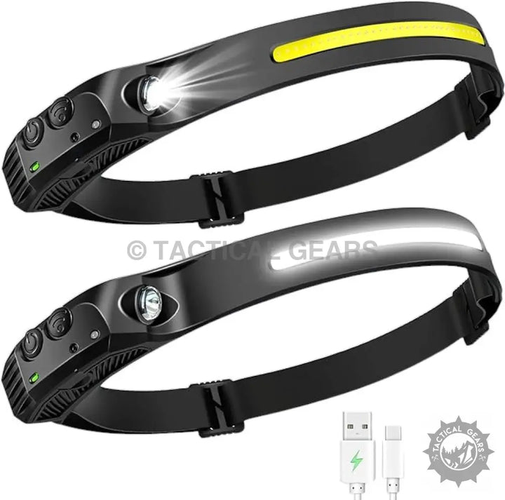 LED headlamp flashlight with motion sensor, black headlamps, yellow and white light strips, USB cable
