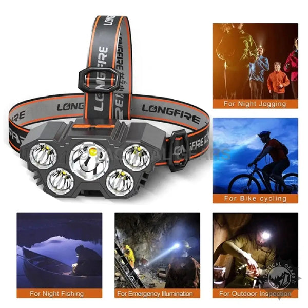 Gray LED Headlamp with USB rechargeable lights and adjustable strap for outdoor use