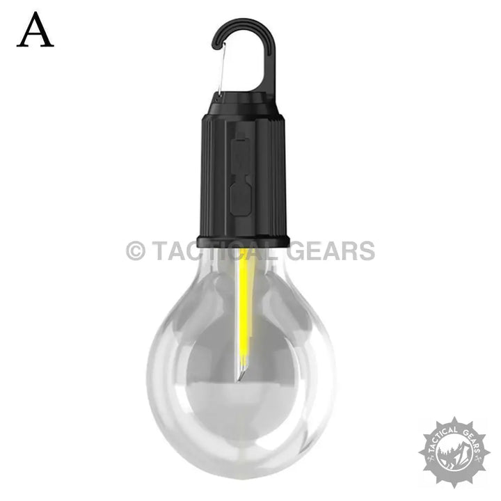 Portable hanging camping tent bulb with clear globe and yellow filament for outdoor illumination