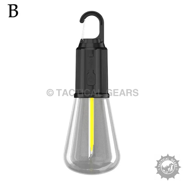 Black portable hanging camping tent bulb with clear teardrop-shaped LED filament and carabiner clip
