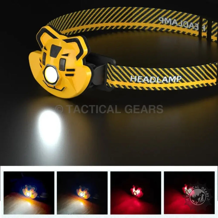 Yellow tiger-shaped LED headlamp with black and yellow striped elastic band for hands-free illumination