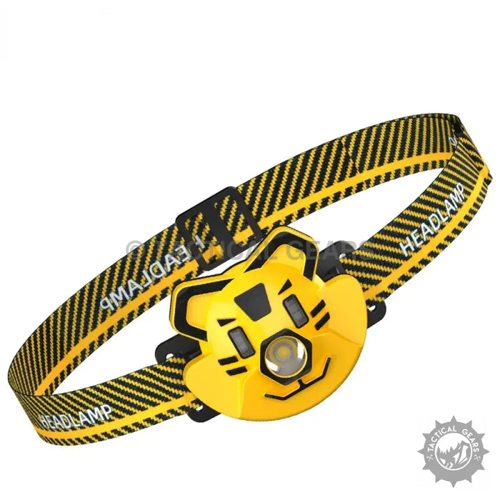 Yellow tiger-shaped LED headlamp with black and yellow striped elastic headband
