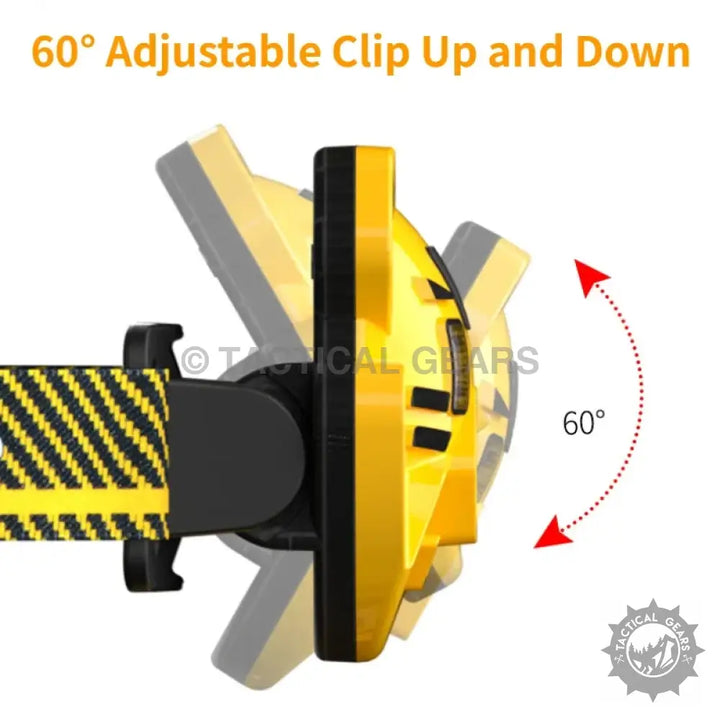 Yellow and black adjustable clip on LED headlamp with 60-degree motion range