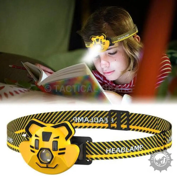 Yellow tiger-shaped LED headlamp with adjustable black and yellow striped strap for outdoor use
