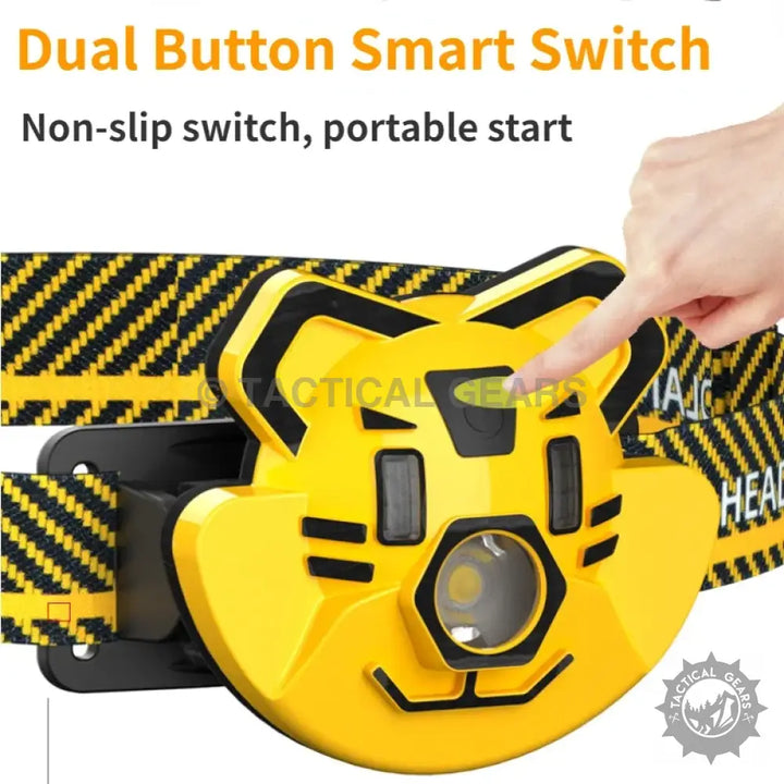 Yellow tiger-shaped LED headlamp with black and yellow striped elastic band for outdoor use