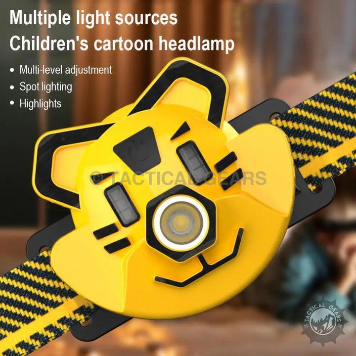 Yellow tiger-shaped LED headlamp for kids with adjustable settings and multiple light sources