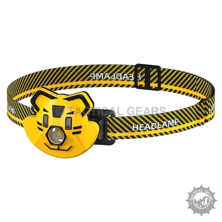 Yellow tiger-shaped LED headlamp with black and yellow striped elastic band for outdoor use