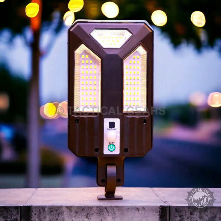 Solar sensor street lamp with multiple LED panels for outdoor security and energy efficiency