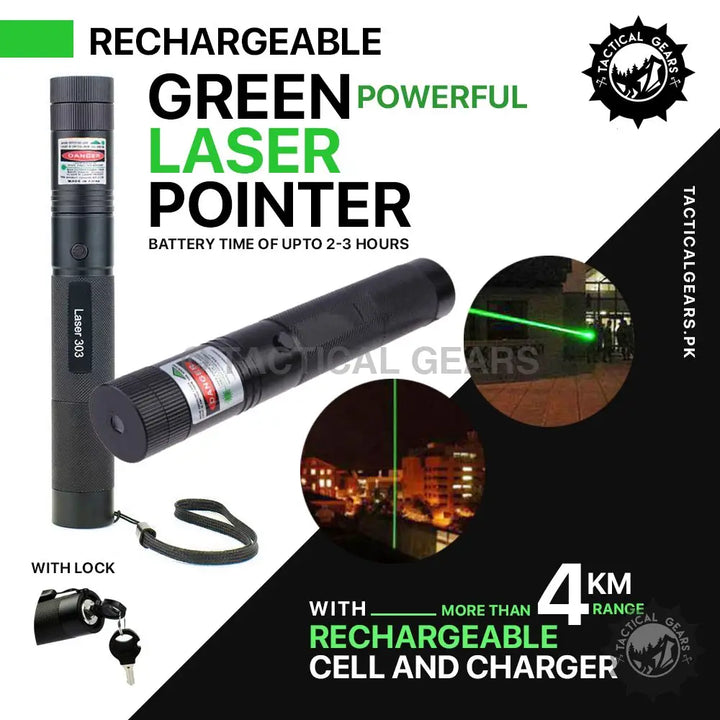 Rechargeable Green Laser Pointer with Lock, Wrist Strap, and Over 4KM Range