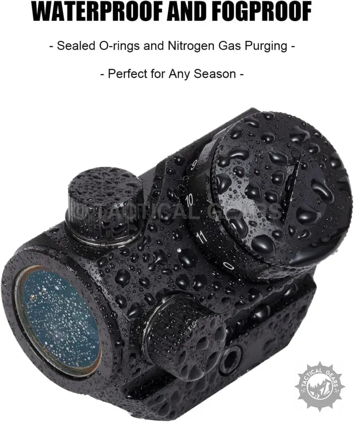 Waterproof and fogproof black tactical optic with adjustment knobs and reflective lens for M1K Red Dot Sight