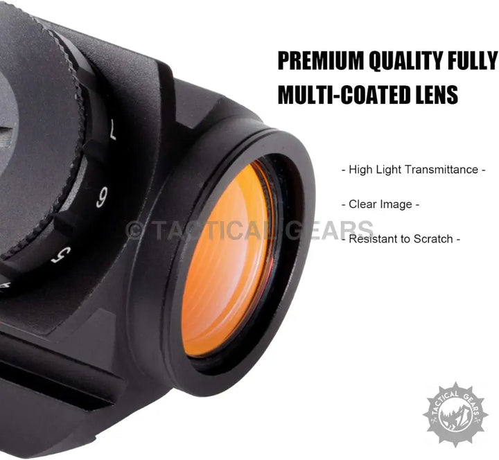 Black tactical sight with orange-tinted multi-coated lens for M1K Red Dot Sight