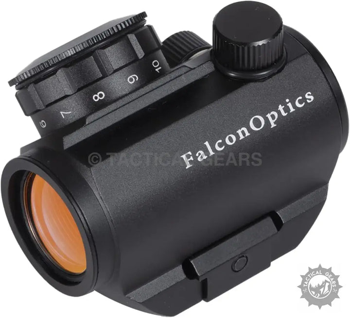 Black tactical red dot sight with amber lens and brightness dial for M1K Tactical Red Dot Sight