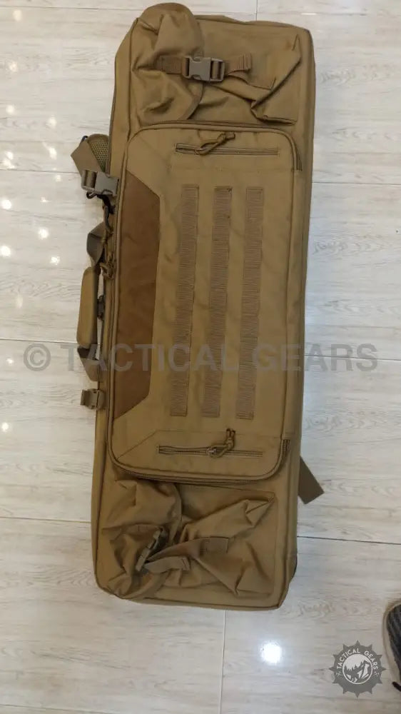 Tan tactical rifle case with multiple compartments and straps, ideal for M4 rifles