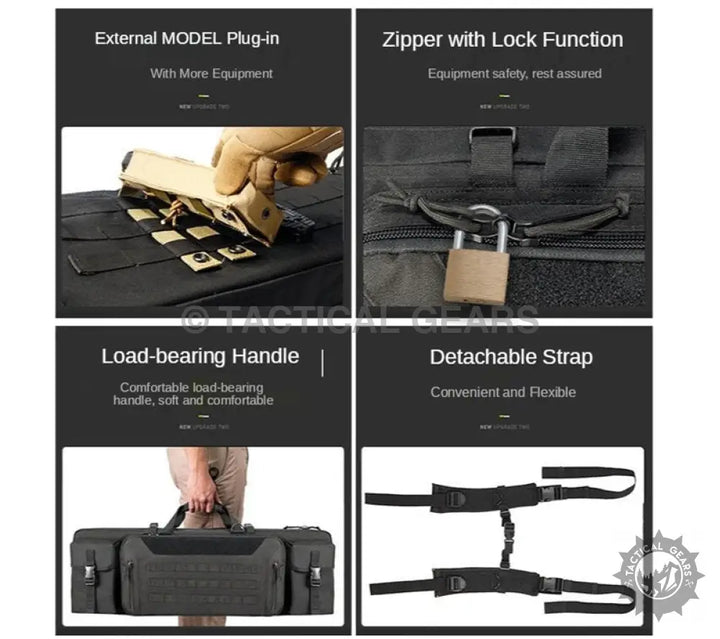 Black tactical rifle case with modular attachments, lockable zipper, and detachable strap
