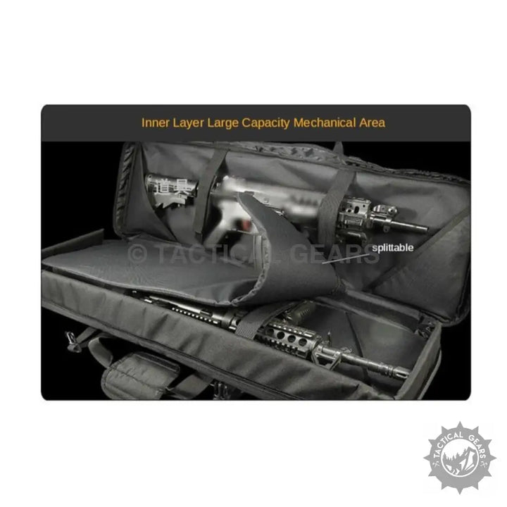 Black tactical rifle case with multiple compartments and splittable inner layer for M4 cover brown