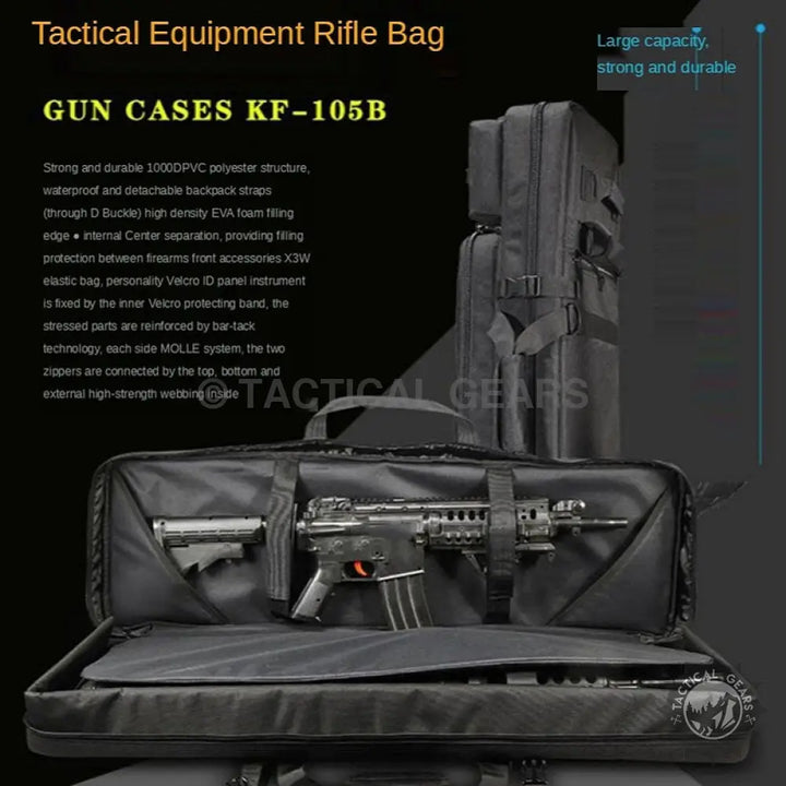 Black tactical rifle case with internal compartments for disassembled tactical rifle