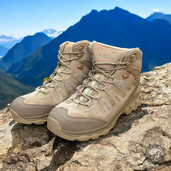 Pair of tan high-top hiking boots for brown trekking adventures in rugged terrains