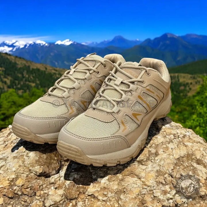 Pair of tan Merlle hiking shoes with mesh and synthetic leather for outdoor hiking