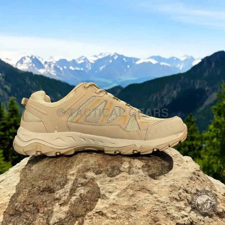 Tan Merlle hiking shoes with mesh panels and rugged sole for trail running