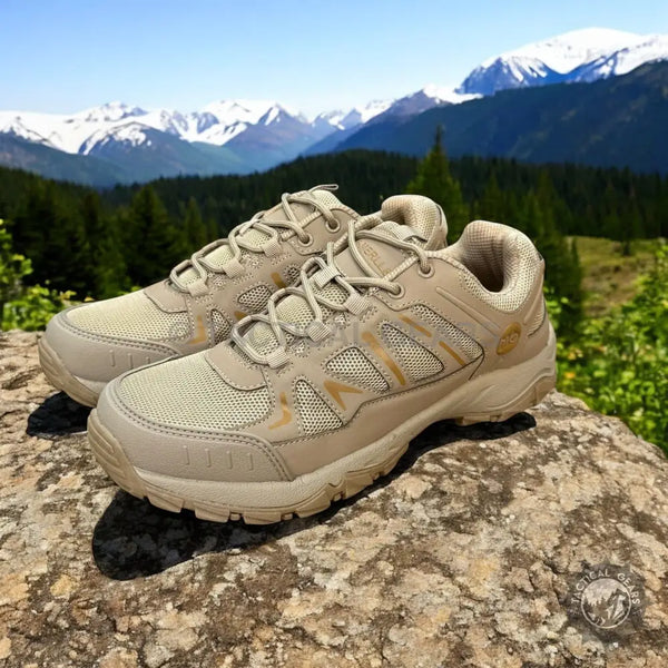 M6 Merlle hiking shoes with tan color, mesh panels, and rugged soles for hiking