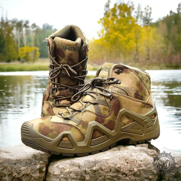 Pair of camouflage M6-Merlle Tactical Boots showcasing durability and style