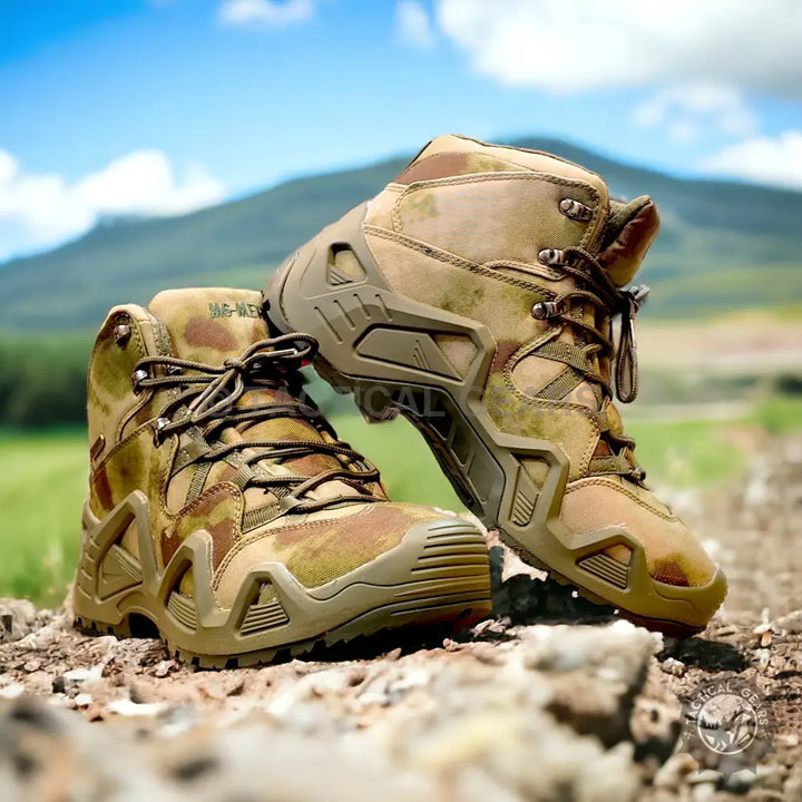 Pair of camouflage M6- Merlle Tactical Boots for hiking and outdoor adventures