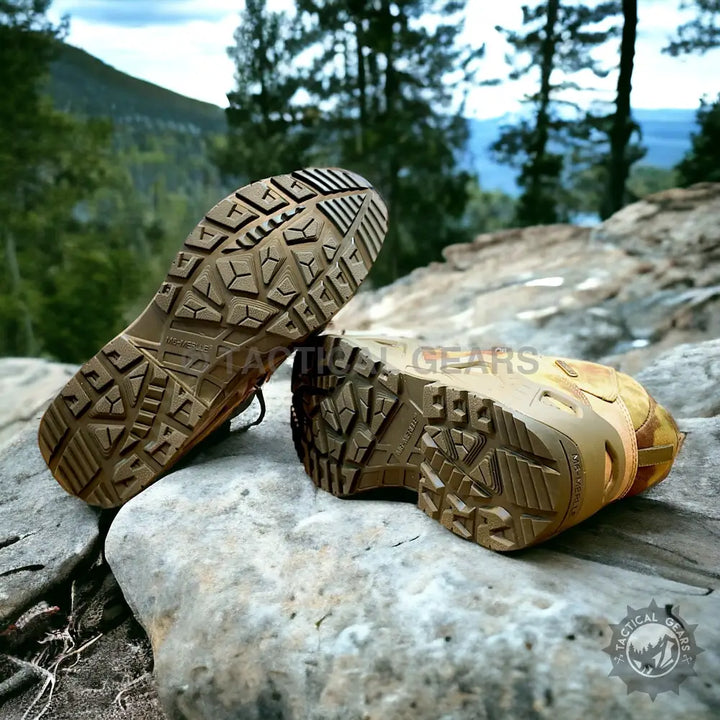 M6- Merlle Tactical boots featuring tan rugged soles for outdoor hiking adventures