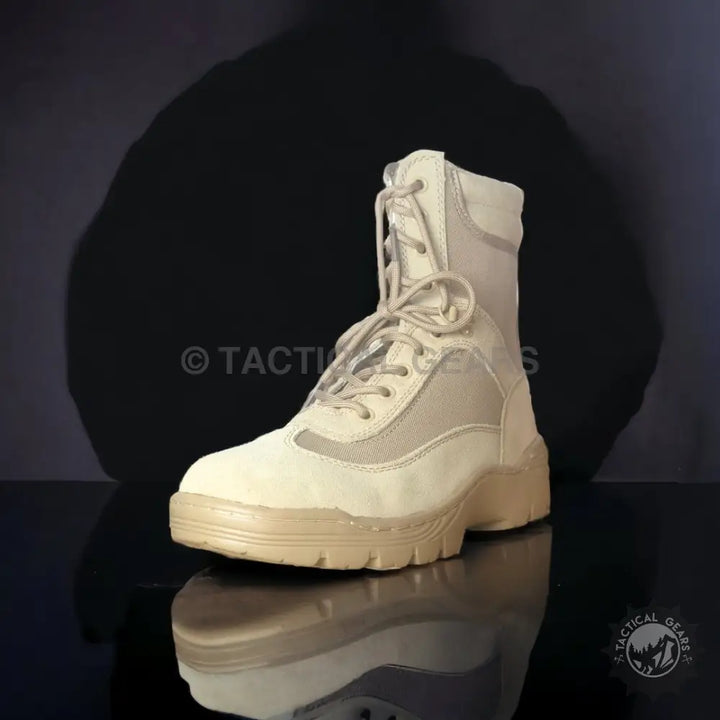 Single beige tactical hiking boot with laces from Maelstrom Men’s Lightweight Tactical Hiking Boots