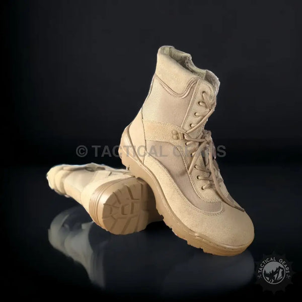 Pair of tan lightweight tactical hiking boots with laces and ankle support