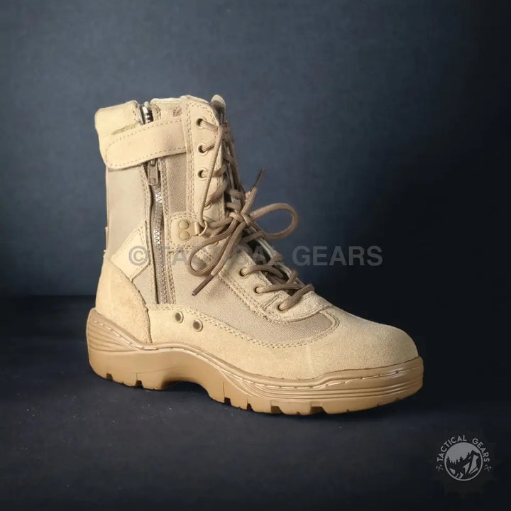 Tan lightweight tactical hiking boots with laces and side zipper for men