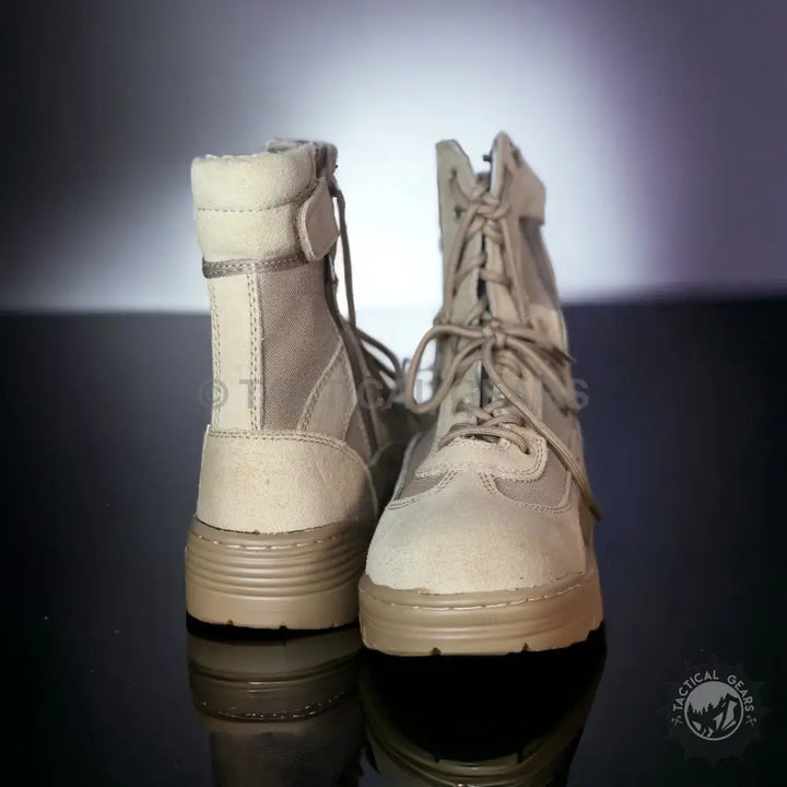 Light brown Maelstrom tactical hiking boots with laces and side zippers, lightweight tactical footwear