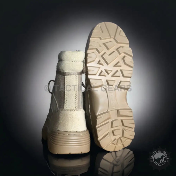 Pair of tan lightweight tactical hiking boots with textured soles for Men