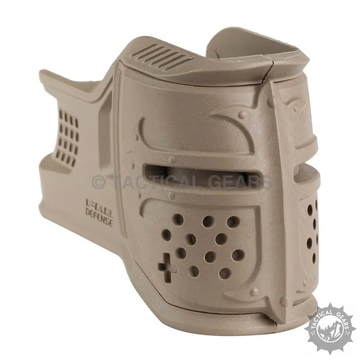 Tan medieval knight’s helmet-shaped magazine holder for tactical gear with Magwell M4 Grip