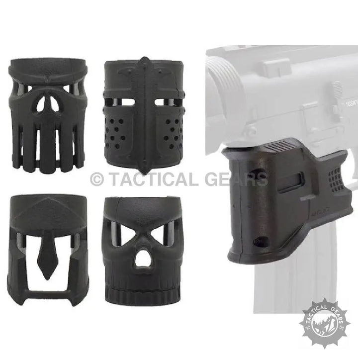 Black rubberized Magwell M4 Grip with Masks featuring various face designs for enhanced grip