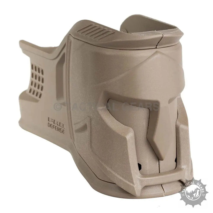Tan polymer Magwell M4 Grip with Spartan helmet design for Mojo Grip upgrade