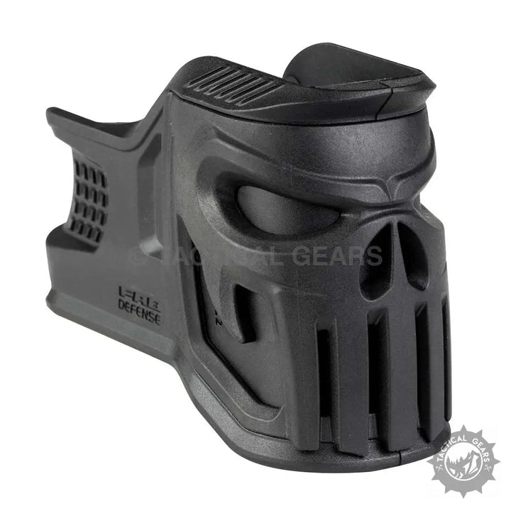 Black polymer magazine extension with skull design for Magwell M4 Grip and Mojo Grip