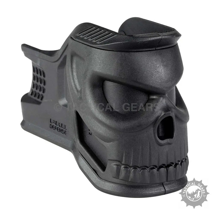 Black polymer skull-shaped magazine base plate extension for Magwell M4 Grip with Masks