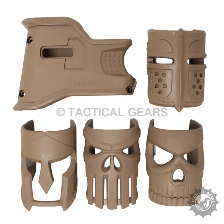 Tan polymer magwell M4 grip with skull and helmet designs and magazine base plates