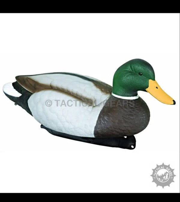 Mallard duck decoy with green head, yellow beak, and black body