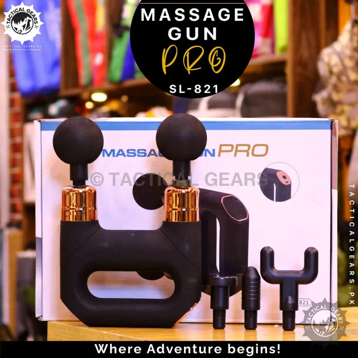Black Massage Gun Pro 821 with gold accents and multiple attachments for deep muscle relief