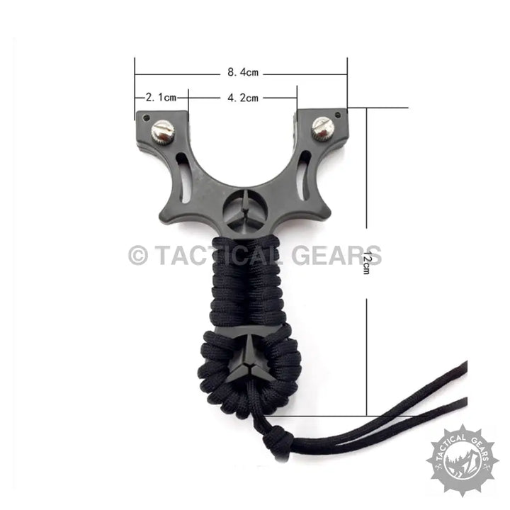 Dark gray metal slingshot with black paracord handle and dimensions labeled, includes bow