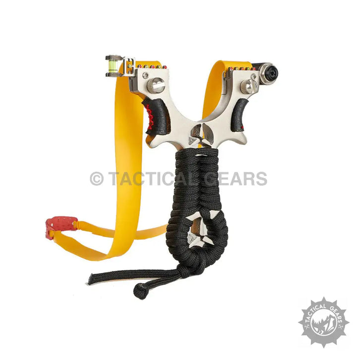 Silver and black metal tactical bow slingshot with yellow flat band and paracord handle included in Professional Mercedes Slingshot