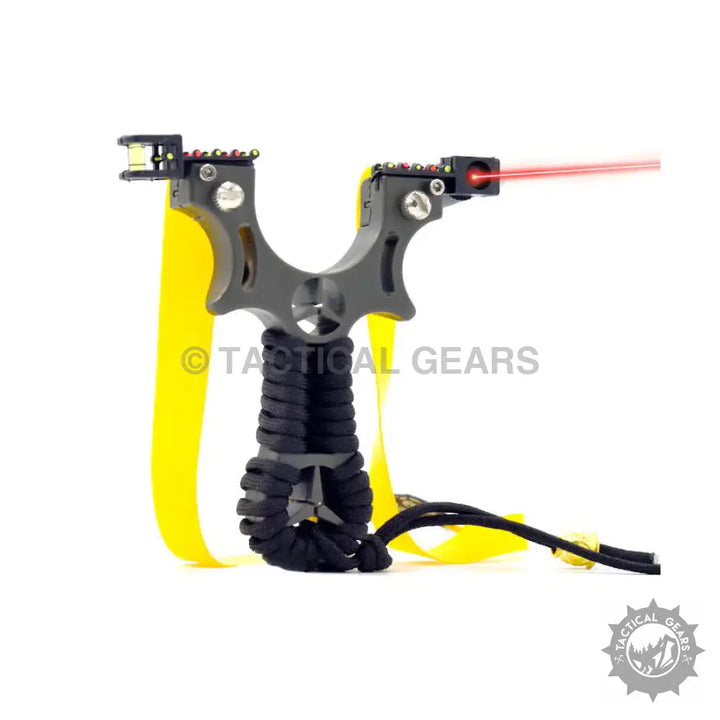 Gray metal slingshot with yellow bands, black handle, and red laser sight includes professional Mercedes bow