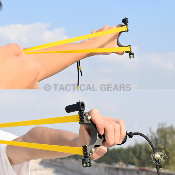 Professional Mercedes Slingshot with metal bow, yellow bands, and ergonomic grip for precision shooting