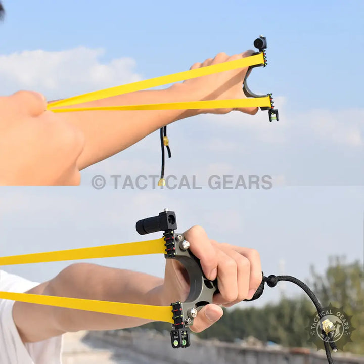 Professional Mercedes Slingshot with metal bow, yellow bands, and ergonomic grip for precision shooting