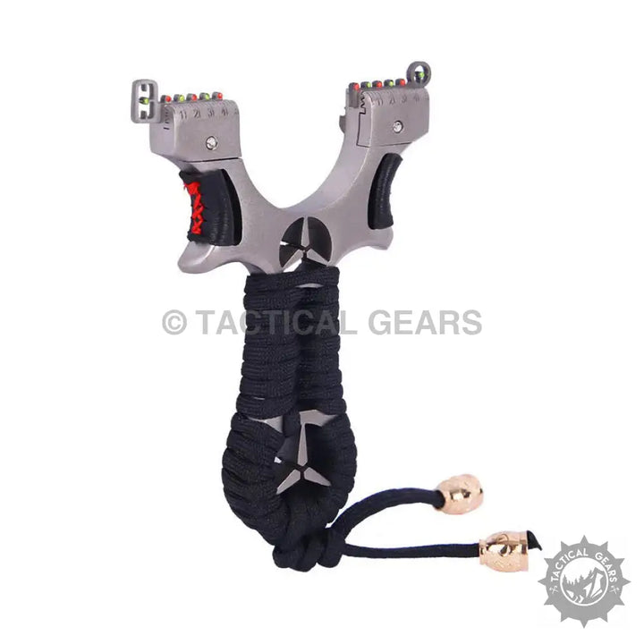 Professional Mercedes Slingshot with ergonomic grip fiber optic sights and black paracord wrist lanyard